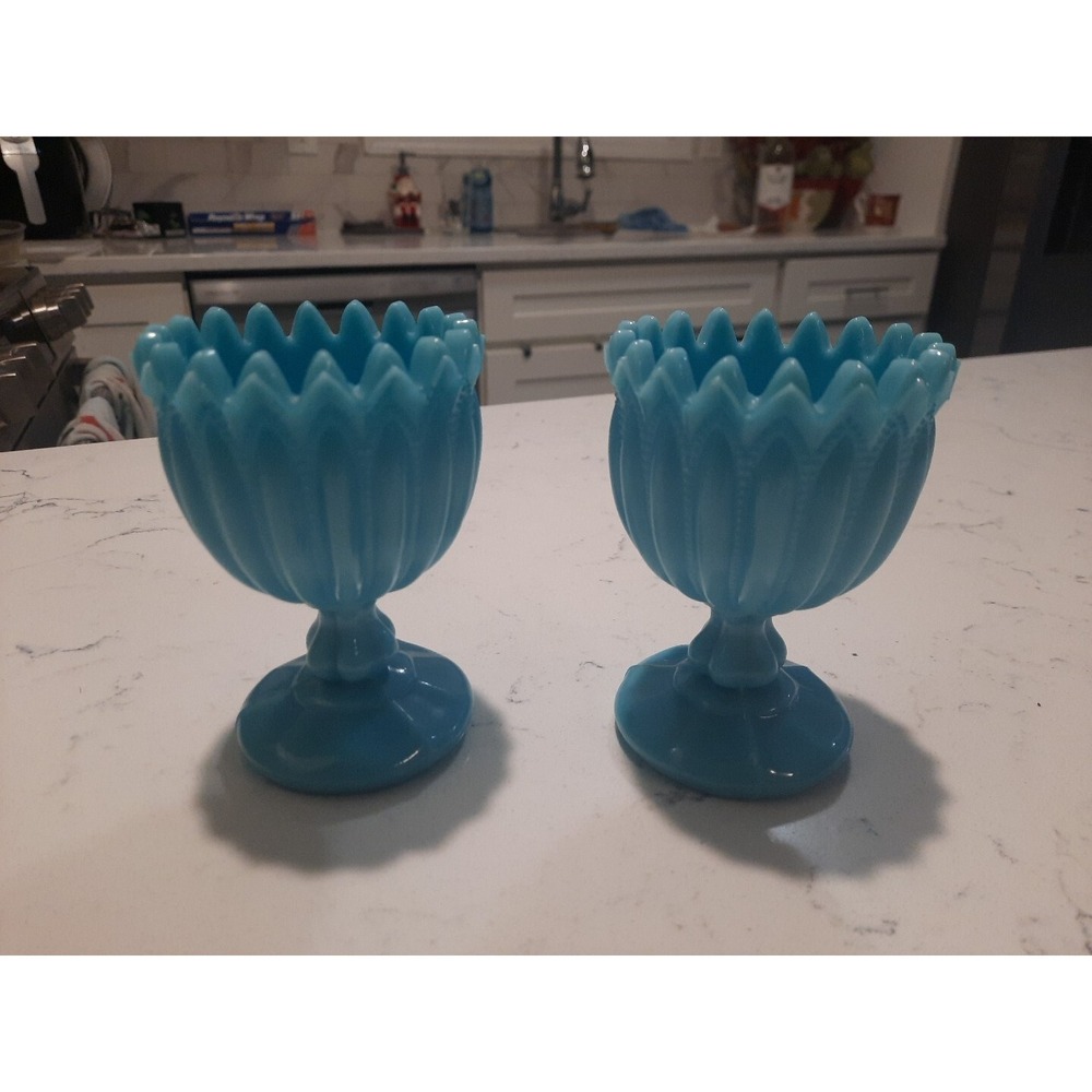 2  1930s PV Portieux Vallerysthal French Blue‎ Opalescent Glass Vase Rib Dot